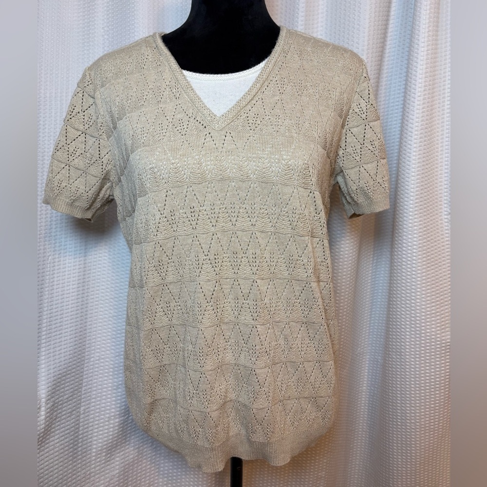 Alfred Dunner vintage tan short sleeve textured knit sweater size medium